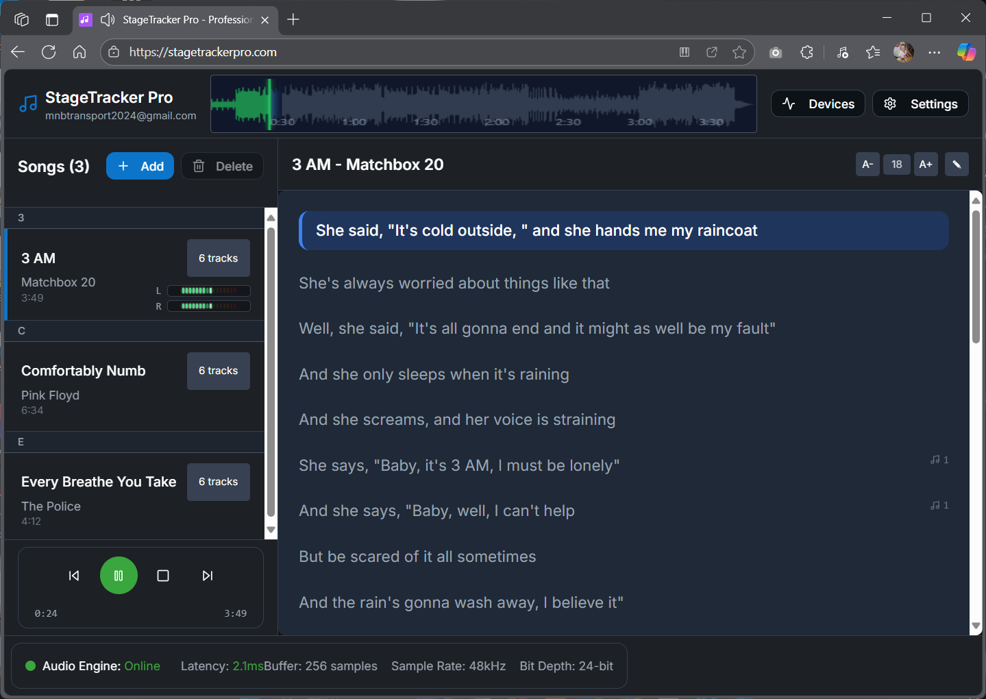 Performance app with synchronized backing tracks and lyrics